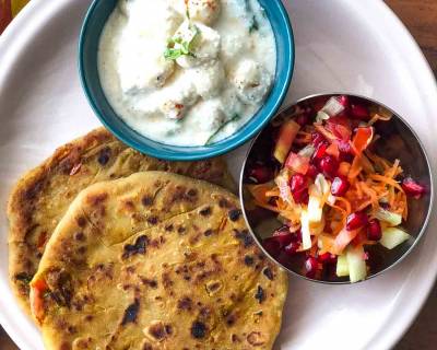 Dinner Meal Plate :Stuffed Raw Papaya & Red Bell peppers, Makhana Ka Raita & Salad 