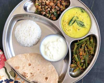 Portion Control Meal Plate : Mambazha Mor Kuzhambu, Chickpea Sundal, Beans Poriyal, Phulka, Steamed Rice & Curd