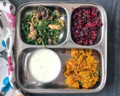 Portion Control Meal Plate: Tomato Quinoa, Spinach Stir Fry, Beetroot Poriyal & Curd