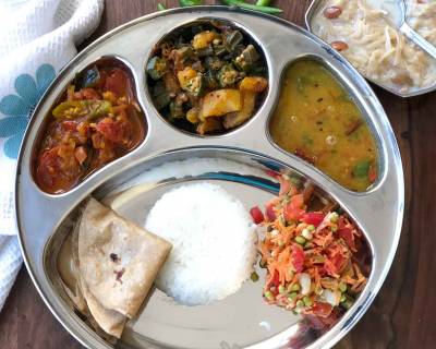 Portion Control Meal Plate: Tamatar Ki Sabzi, Aloo Bhindi, Gujarati Dal, Phulka, Rice & Salad