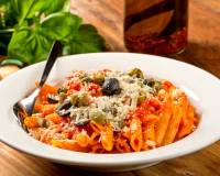 Penne Pasta Recipe In Roasted Carrot Sauce & Olives