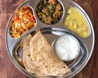Portion Control Meal Plate: Makhana Kadhi, Aloo Bhindi, Salad, Phulka