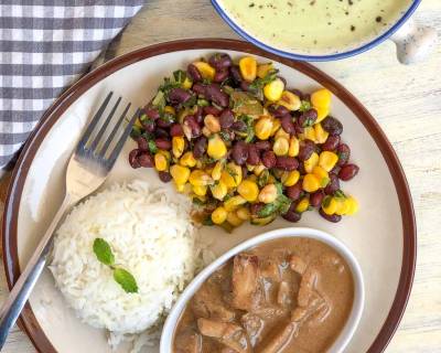 Here's A Delicious Meal Of Mushroom Shagoti, Broccoli Soup, Salad & Rice