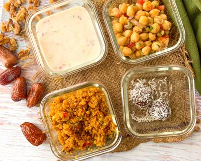 Britannia NutriChoice NutriDabba 1: Tomato Quinoa, Mooli Raita, Kabuli Chana Salad And Oat Almond Truffles 