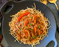 American Chop Suey Recipe - Crispy Noodles Topped With Sweet and Sour Vegetables
