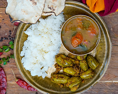 Lunch Anyone? Miriyala Charu, Gutti Dondakaya Vepudu, Rice, Papad