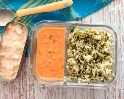 Kids Lunch Box: Sarson Saag Pulao, Tomato Sheer And Carrot Peanut Raita