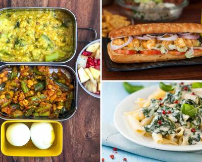 Kids School Lunch Box Menu Plan-Beans Peanut Poriyal, Achari Aloo, Spinach Pasta, Paneer Tikka Sub, Tofu Fried Rice