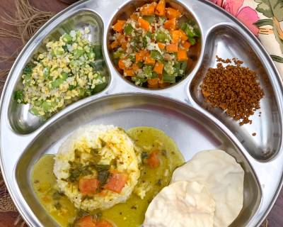 Portion Control Meal Plate - Raw Mango Rasam, Cucumber Kosambari, Carrot Capsicum Poriyal, Chutney Podi And Rice