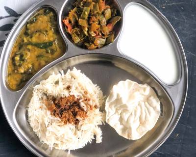 Portion Control Meal Plate : Gongura Pappu, Chikkudukaya Vepudu, Flaxseed Podi, Ghee Rice, Curd & Papad