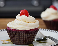 Strawberry Red Velvet Cupcake with Cream Cheese Frosting Made From Archana's Kitchen Eggless Strawberry Velvet Cake Mix