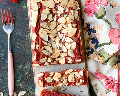 Strawberry Almond Loaf Cake Made From Archana's Kitchen Eggless Strawberry Velvet Cake Mix