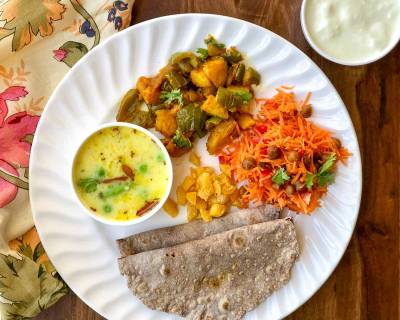Portion Control Meal Plate: Gujarati Kadhi, Aloo Capsicum Subzi, Phulka, Salad & Pickle