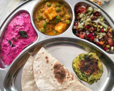 Portion Control Meal Plate : Aloo Matar Paneer Curry, Beetroot Raita, Sprouts Salad, Avarekalu Tikki & Phulka