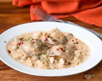 Whole Wheat Ravioli with Paneer & Creamy Mushroom Oat Sauce Recipe