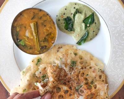 Everyday Meal Plate : Onion Rava Dosa, Peanut Chutney and Murungakka Vendhya Keerai Sambar