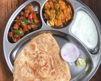 Portion Control Meal Plate: Kadai Chole Veg Makhanwala Tawa Paratha Dahi  
