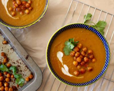 Apple Carrot Sweet Potato Soup With Garam Masala Roasted Chickpeas Recipe