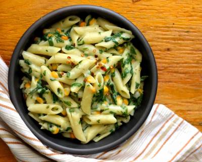 Spinach Corn Pasta Recipe In Creamy White Sauce