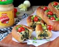 Bread Boats Recipe Filled With Spinach, Eggs And Sandwich Spread
