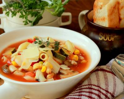 Macaroni Minestrone Soup Pot Recipe (Wholesome Italian Soup Made Using Vegetables, Beans And Macaroni)