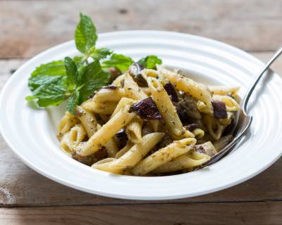 Penne With Roasted Eggplant And Mint Pesto Recipe