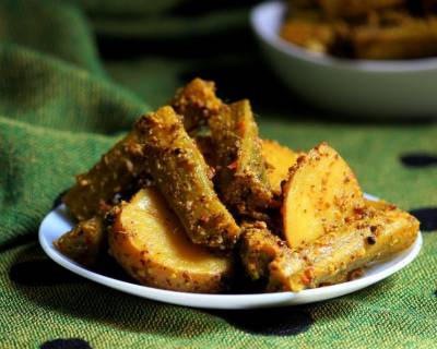 Odia Style Chuin Aloo Besara Recipe-Potato & Drumsticks Fry In Mustard Paste