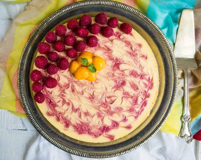 No Bake Mango Yogurt Cheesecake Recipe With Raspberries