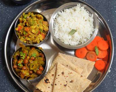 Everyday Meal Plate : Suran Jo Kheemo With Nenua Chana Sabzi, Steamed Rice and Phulka