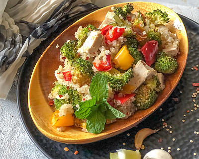 Roasted Broccoli Tofu & Quinoa Salad Recipe with Lemon Garlic Dressing 