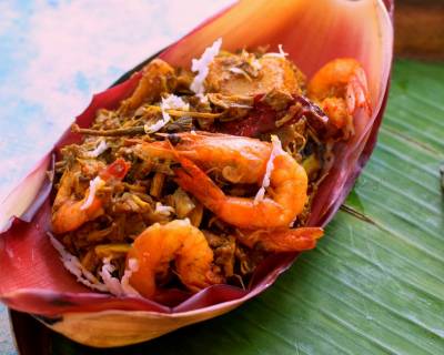 Kadali Bhanda O Chingudi Tarkari Recipe (Odia Style Banana Blossom & Prawn Curry)