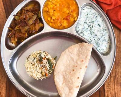Portion Control Meal Plate: Arhar Dal Kande Ki Sabzi Methi Raita Masale Bhaat Phulka