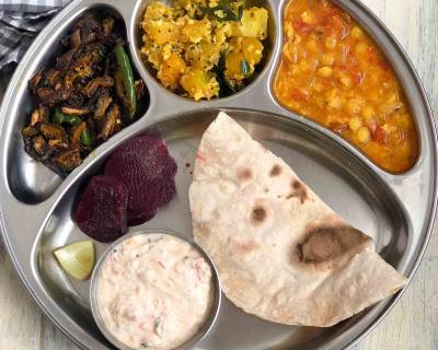 Portion Control Meal Plate: Masala Karela, Pumpkin Thoran, Toor Dal, Phulka & Raita 