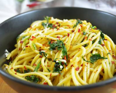 Spaghetti Aglio Olio With Parmesan & Greens Recipe