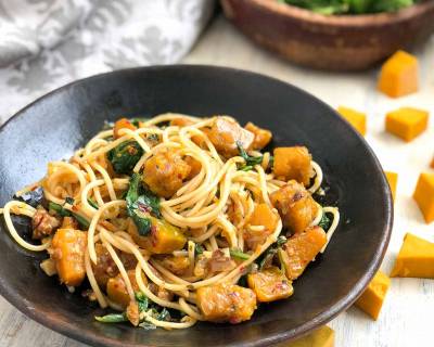 Roasted Pumpkin Spinach and Walnut Spaghetti Recipe