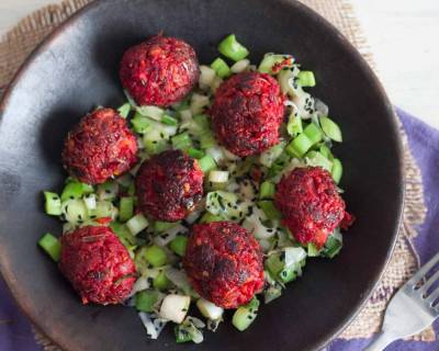 Beetroot and Carrot Veg balls with sautéed leek Recipe 