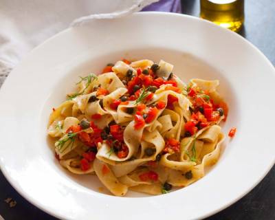 Homemade Tagliatelle Pasta with Capers and Bell peppers Recipe