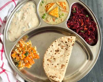 Portion Control Meal Plate: Nawabi Paneer Gajar Koshimbir Beetroot Salad Pumpkin Raita Phulka  