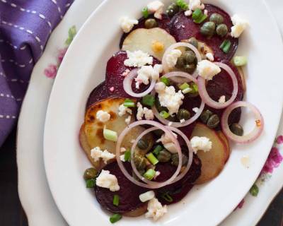 Roasted Sweet Potato and Beetroot with Capers and Burnt Garlic Lemon Dressing Recipe 