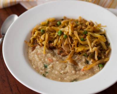 Savory Oatmeal Bowl with Cabbage and Green Peas Stir Fry Recipe