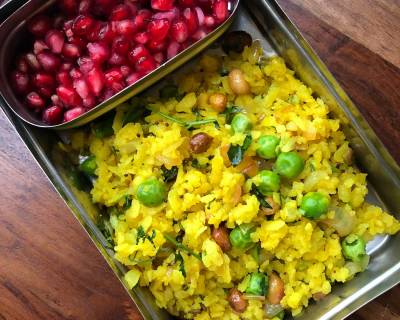 Office & Kids Lunch Box: Matar Poha & Pomegranates