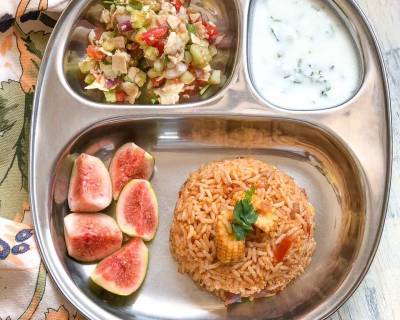 Have This Refreshing Light Meal-Baby Corn Tomato Rice, Papad Chaat & Raita