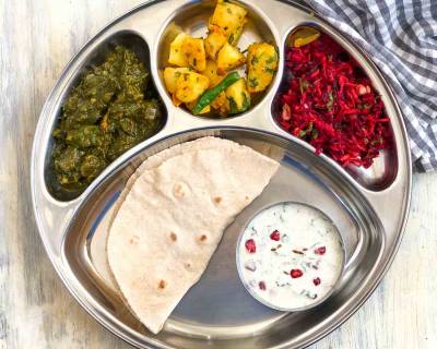 Portion Control Meal Plate: Soya Methi Palak Sabzi, Jeera Aloo, Jowar Roti, Salad & Raita