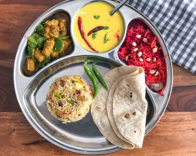 Portion Control Meal Plate: Veg Pulao, Beet Salad, Kadhi, Gatte Sabzi