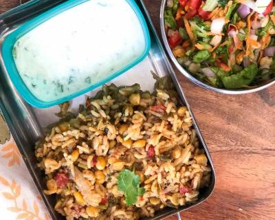 Lunch Box Recipes: Chana Dal Pulao,  Salad & Raita