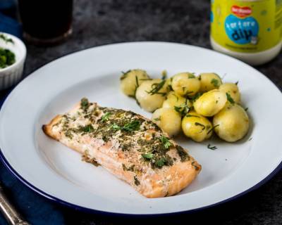 Baked Salmon Recipe Flavored With Herbs And Tartare Dip