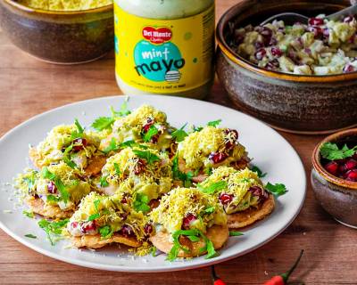 Party Sev Puri Recipe Filled With Potato & Pomegranate Mint Mayo
