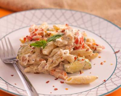 Roasted Vegetable Pasta In Creamy White Sauce