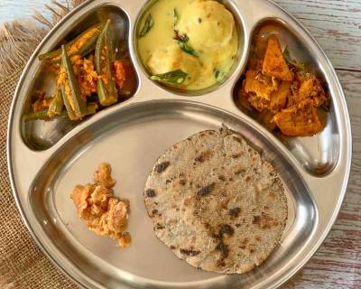 Portion Control Meal Plate-Khadi Bari, Stuffed Bhindi With Paneer,Suran Sukhi Sabzi & Bajra Roti