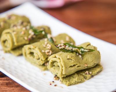 Spinach Khandvi Recipe - Savory Gram Flour Pinwheels With Spinach